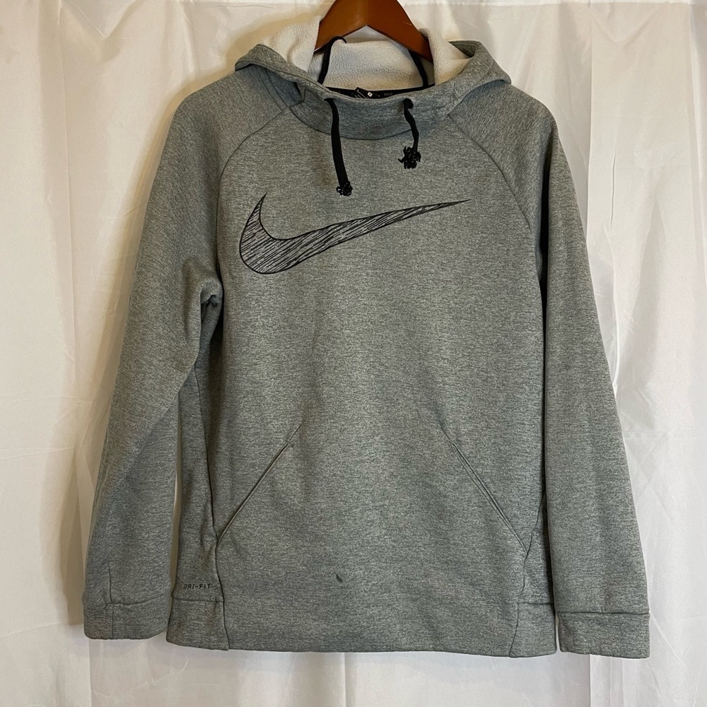NIKE DRI FIT Men’s Gray Black Logo Hoodie Sweatshirt Pullover Size Small